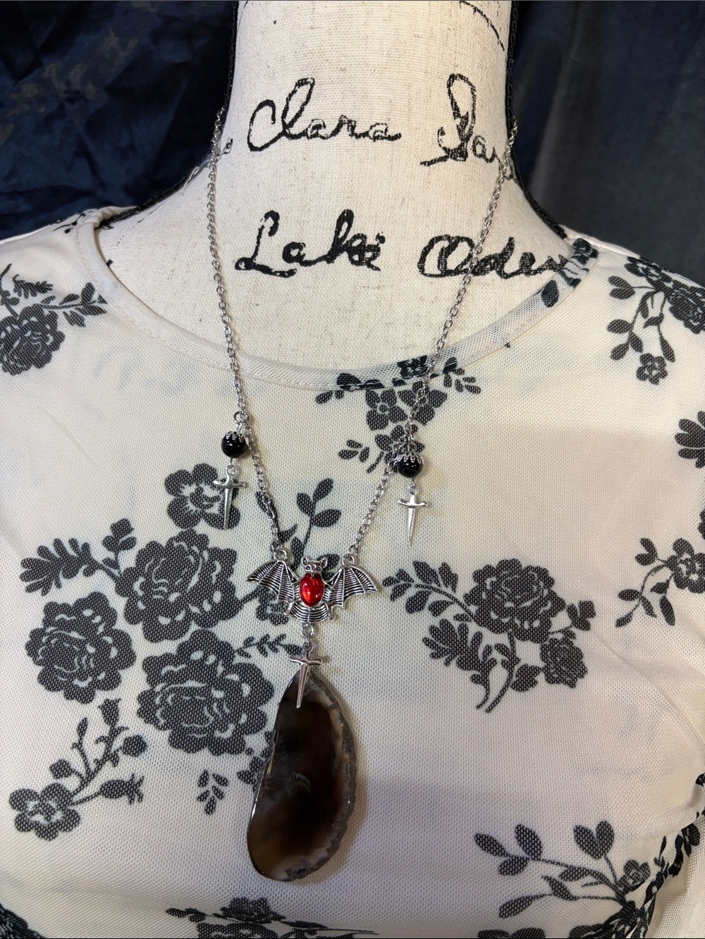 Handmade Dark Romantic Bat Statement Necklace Black Agate Goth Campy